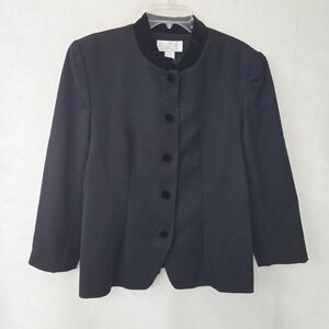 Laura Leigh Ltd Wool Blazer Women 14 Black Velvet Trim Mock Neck Vintage‎ USA